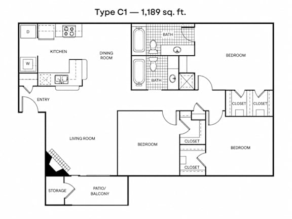 A black and white diagram of a Type C1 apartment, which is 1,189 square feet.