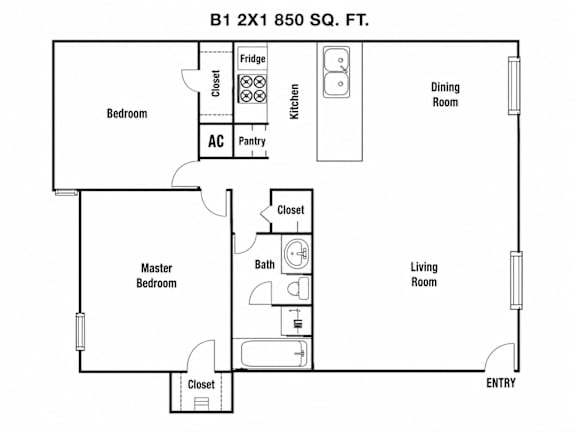 A floor plan of a 2 bedroom, 2 bathroom apartment.