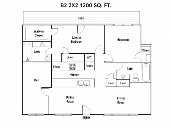 A floor plan of a 2200 square foot home with a living room, dining room, kitchen, pantry, two bedrooms, and bathrooms.