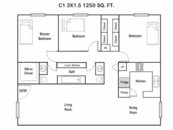 A floor plan of a one bedroom apartment with a living room, dining room, kitchen, and bath.