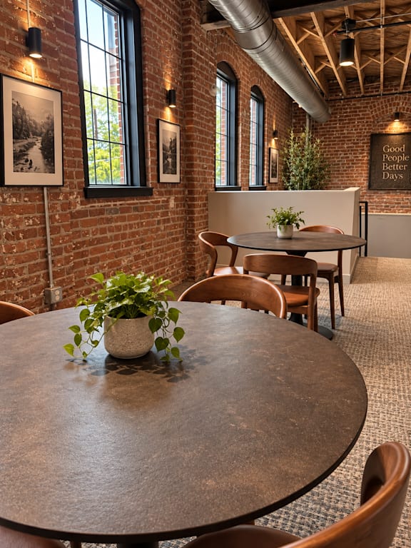 A round table with a potted plant on it in a room with brick walls.