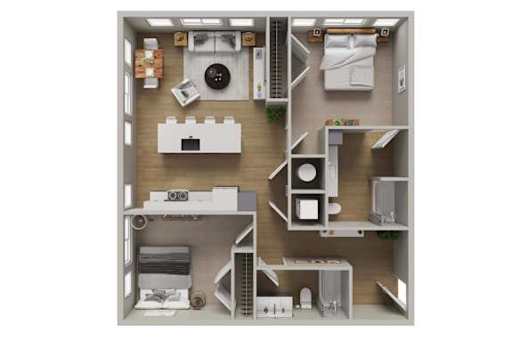 A detailed 3D floor plan of a small apartment layout.