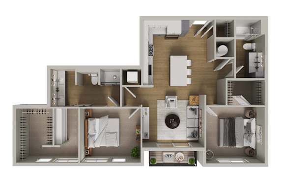 A 3D floor plan of a house with multiple rooms and furniture.