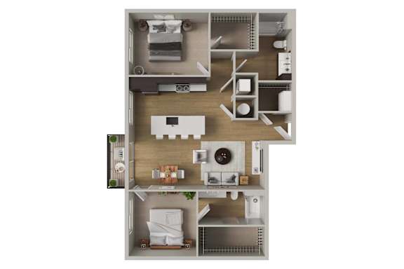 A top-down view of a small apartment with a kitchen, living room, and bathroom.