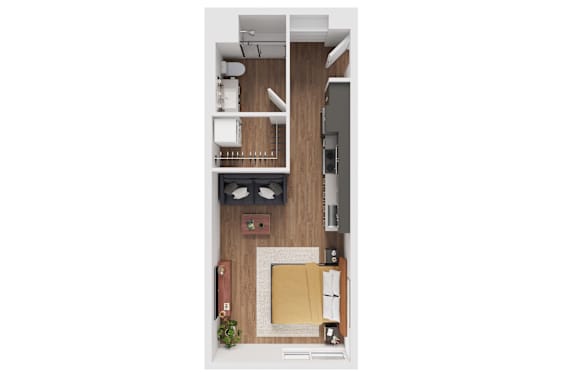 A top down view of a kitchen with a sink and a counter.