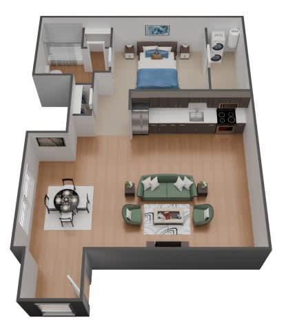 A 3D image of a small apartment with a bedroom, living room, and kitchen.