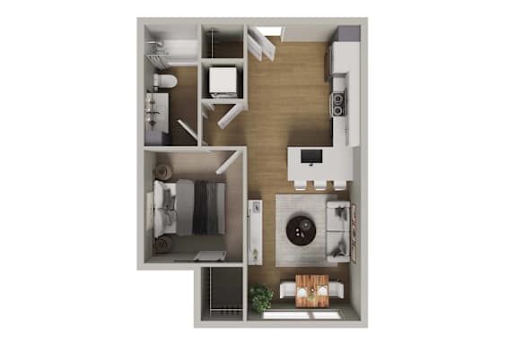 A top-down view of a modern apartment layout.