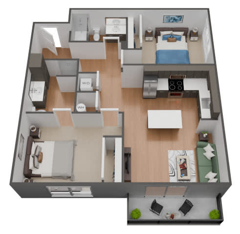 A 3D floor plan of a house with two bedrooms, a living room, a kitchen, and a bathroom.