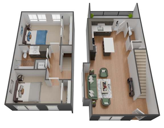 A 3D image of a two-bedroom apartment with a living room and kitchen.