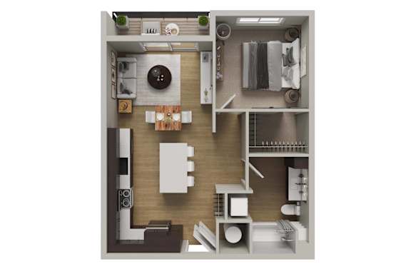 A 3D floor plan of a small apartment with a kitchen, living room, and bathroom.