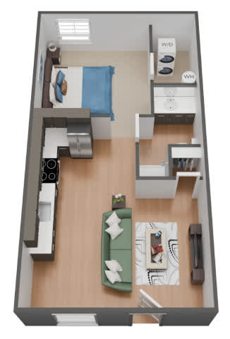 A top-down view of a small apartment with a kitchen, living room, and bathroom.