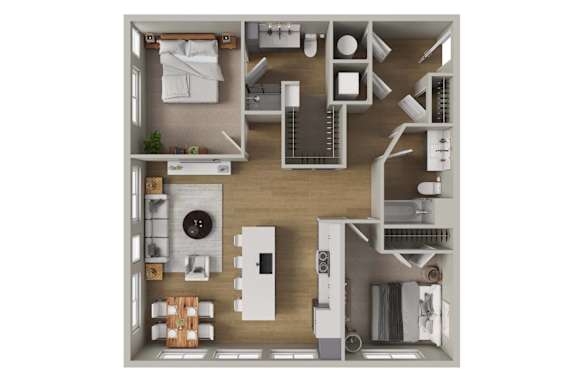 A top-down view of a small apartment with a kitchen, living room, and bedroom.