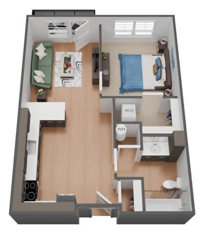 A 3D floor plan of a small apartment with a kitchen, living room, and bedroom.