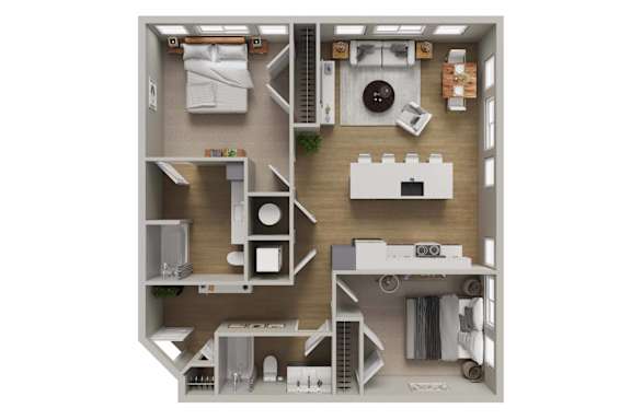 A top-down view of a small apartment layout with a kitchen, living room, and bedroom.