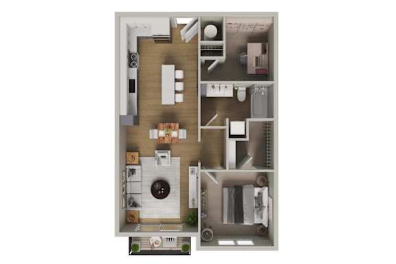 A top-down view of a small apartment layout with a kitchen, living room, and bathroom.