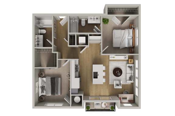 A 3D floor plan of a small apartment with a kitchen, living room, and bathroom.