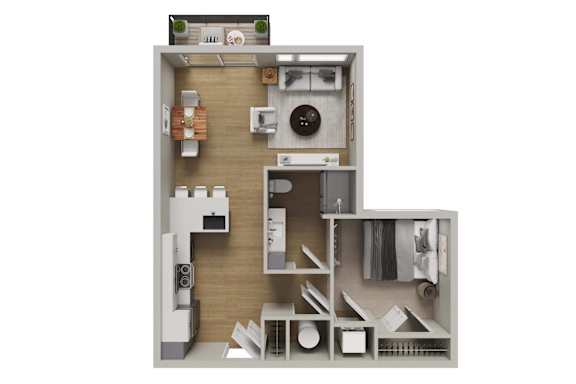 A 3D floor plan of a small apartment with a kitchen, living room, and bathroom.