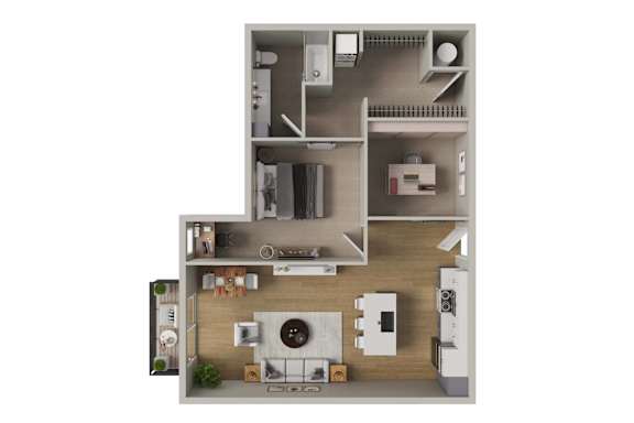 A top-down view of a small apartment layout with a kitchen, living room, and bathroom.