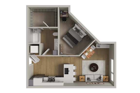 A model of a house with a kitchen and living room.