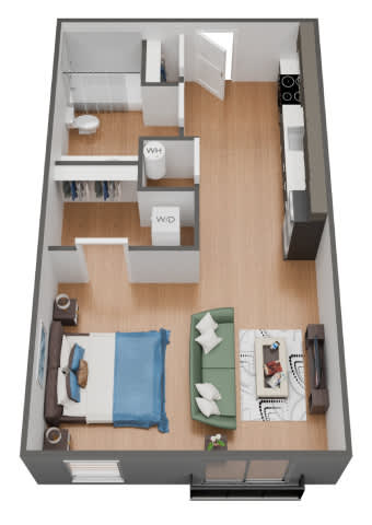 A top down view of a small apartment with a bed, desk, and kitchenette.