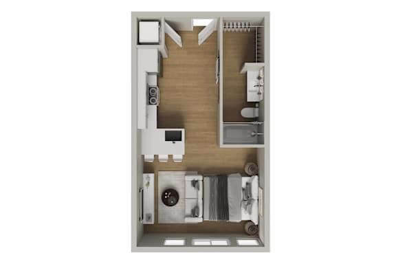 A top-down view of a small apartment with a kitchen, living room, and bathroom.
