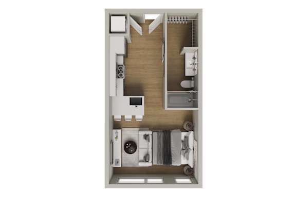 A top-down view of a small apartment with a kitchen, living room, and bathroom.