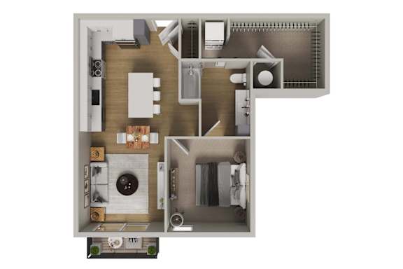 A 3D floor plan of a small apartment with a kitchen, living room, and bathroom.