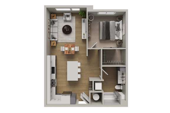 A 3D floor plan of a small apartment with a kitchen, living room, and bathroom.