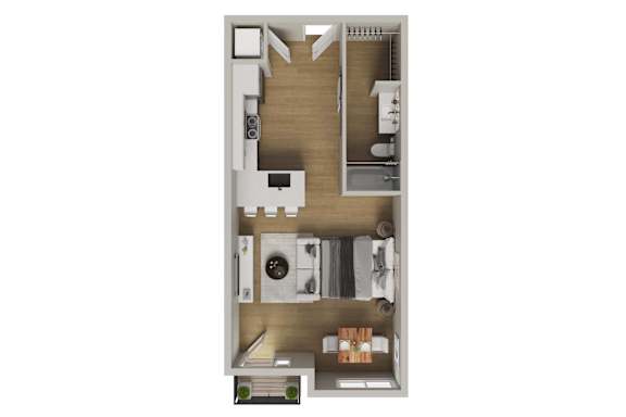 A top down view of a small apartment with a kitchen, living room, and bathroom.