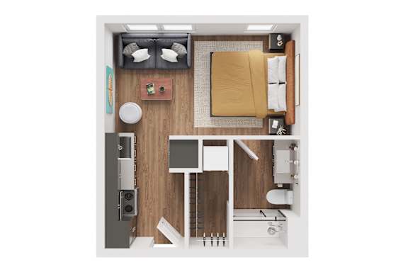 A top-down view of a small, neatly organized bedroom with a bed, desk, and chair.