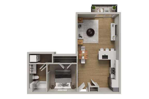 A 3D rendered image of a small apartment layout.