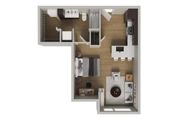 A 3D floor plan of a small apartment with a kitchen, living room, and bathroom.