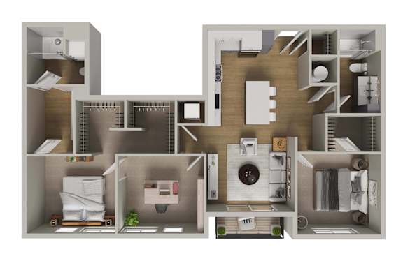 A 3D floor plan of a house with a kitchen, living room, and bathroom.