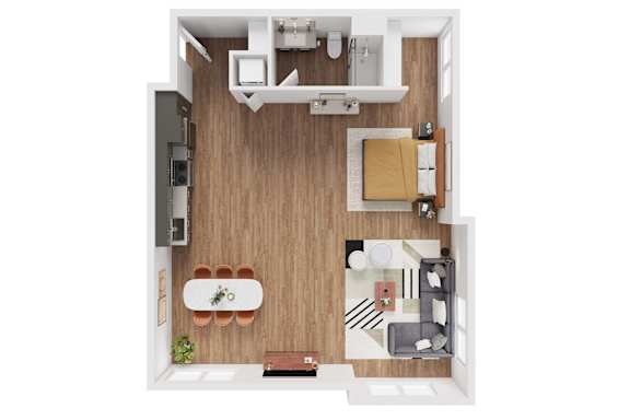 A top-down view of a small apartment with a kitchen, living room, and bathroom.