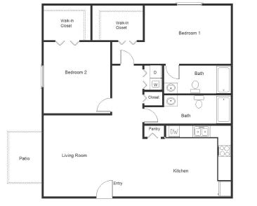 A floor plan of a house with two bedrooms, a living room, a kitchen, and a bathroom.