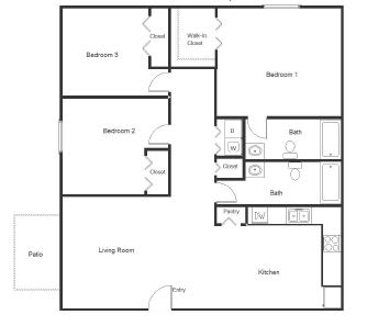 A floor plan of a house with three bedrooms, a living room, a kitchen, and a bathroom.