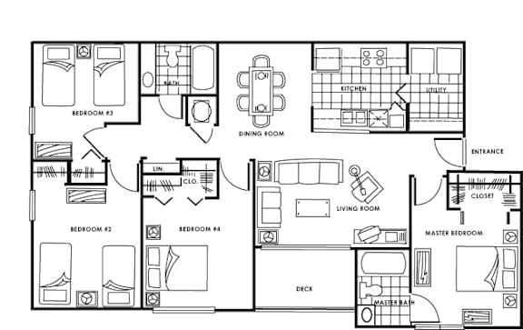 A black and white floor plan of a house with labeled rooms.