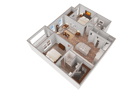 2 bedroom 2 bath 3D floorplan with balcony at Ciel Luxury Apartments, Jacksonville, FL 32246
