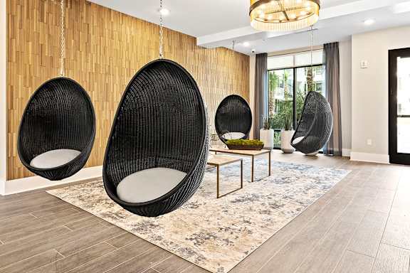 Three hanging egg chairs at The Station at San Marco, Jacksonville, Florida