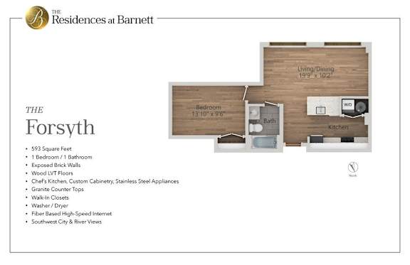 The Residences at Barnett | Downtown |The Forsyth |1 Bedroom 1 Bath | 593 sq. ft.