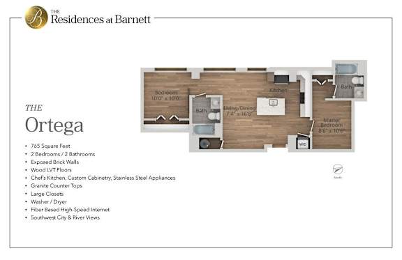 The Residences at Barnett | Downtown |The Ortega |2 Bedroom 2 Bath | 765 sq. ft.