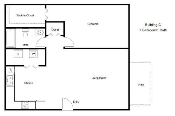 A floor plan of Building C shows a living room, kitchen, bathroom, and bedroom.