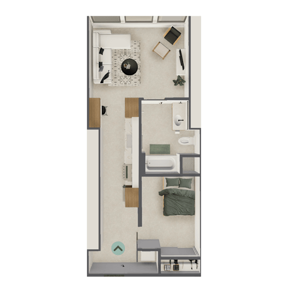 A floor plan of a small apartment with a kitchen, living room, and bedroom.