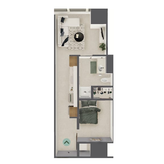 A floor plan of a small apartment with a bedroom, bathroom, and kitchen.