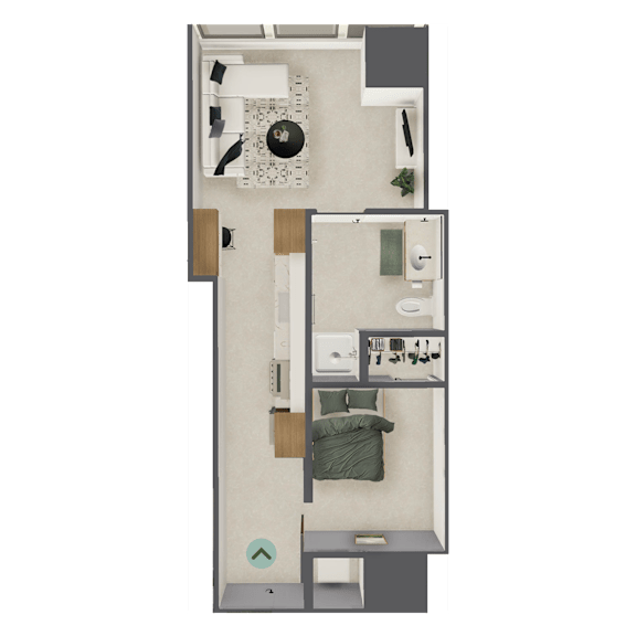 A top-down view of a small, neatly organized apartment with a bed, desk, and kitchenette.