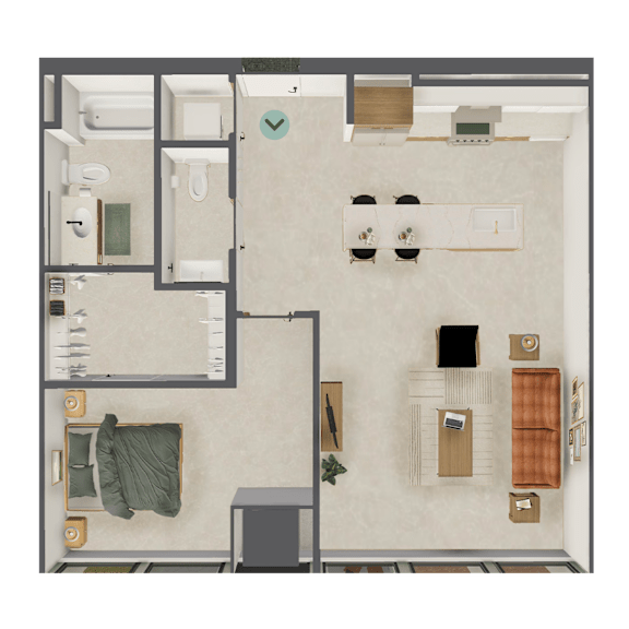 A top-down view of a small apartment with a bedroom, bathroom, and kitchen area.