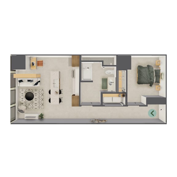 A top-down view of a kitchen, living room, and dining area.