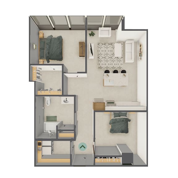 A diagram of a small apartment with a bedroom, living room, and kitchen.