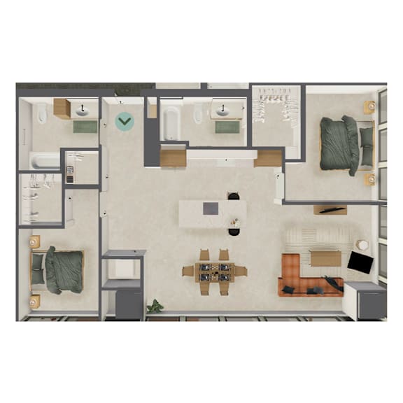 A top-down view of a room with a dining table, couch, and a green bean bag.
