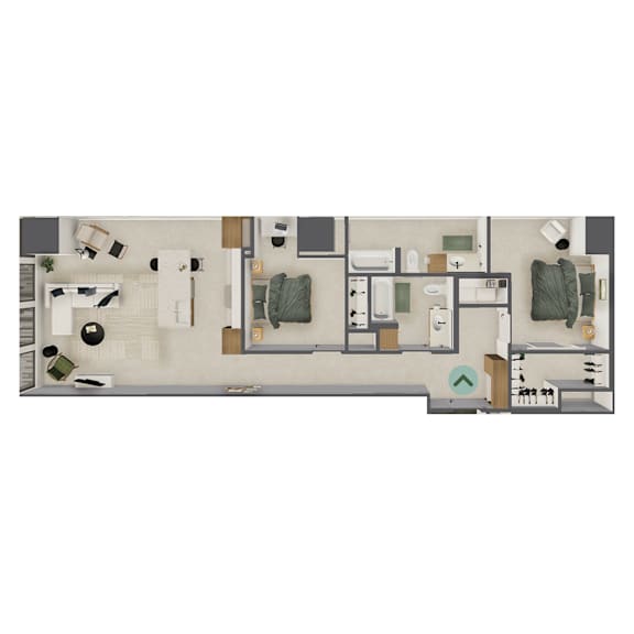 A floor plan of a house with a kitchen, living room, and two bedrooms.